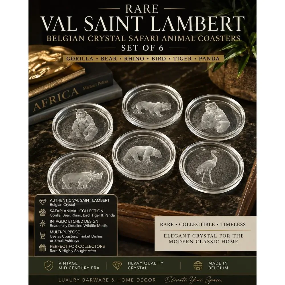 RARE Val Saint Lambert Crystal Safari Animal Coasters Set 6 Belgium VSL